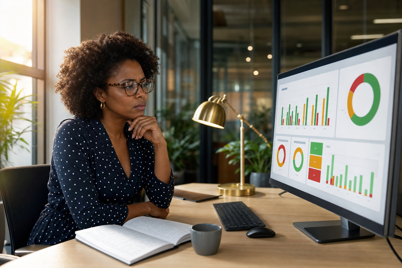 A focused Black female Learning and Development lead reviewing a colourful analytics dashboard on a large monitor in a modern glass-walled office, illustrating how training budget gets wasted without a clear skills picture