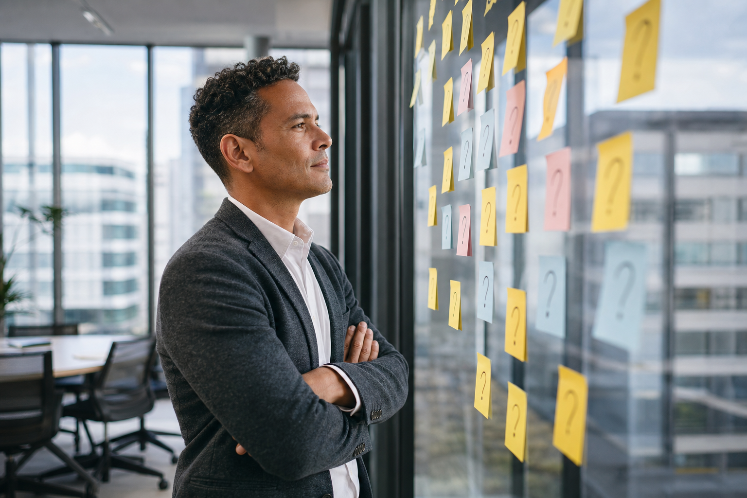 A confident mixed-heritage manager in a bright modern office staring thoughtfully at a glass wall of colourful sticky notes with hand-drawn question marks, illustrating how invisible team skills make planning impossible without a skills matrix