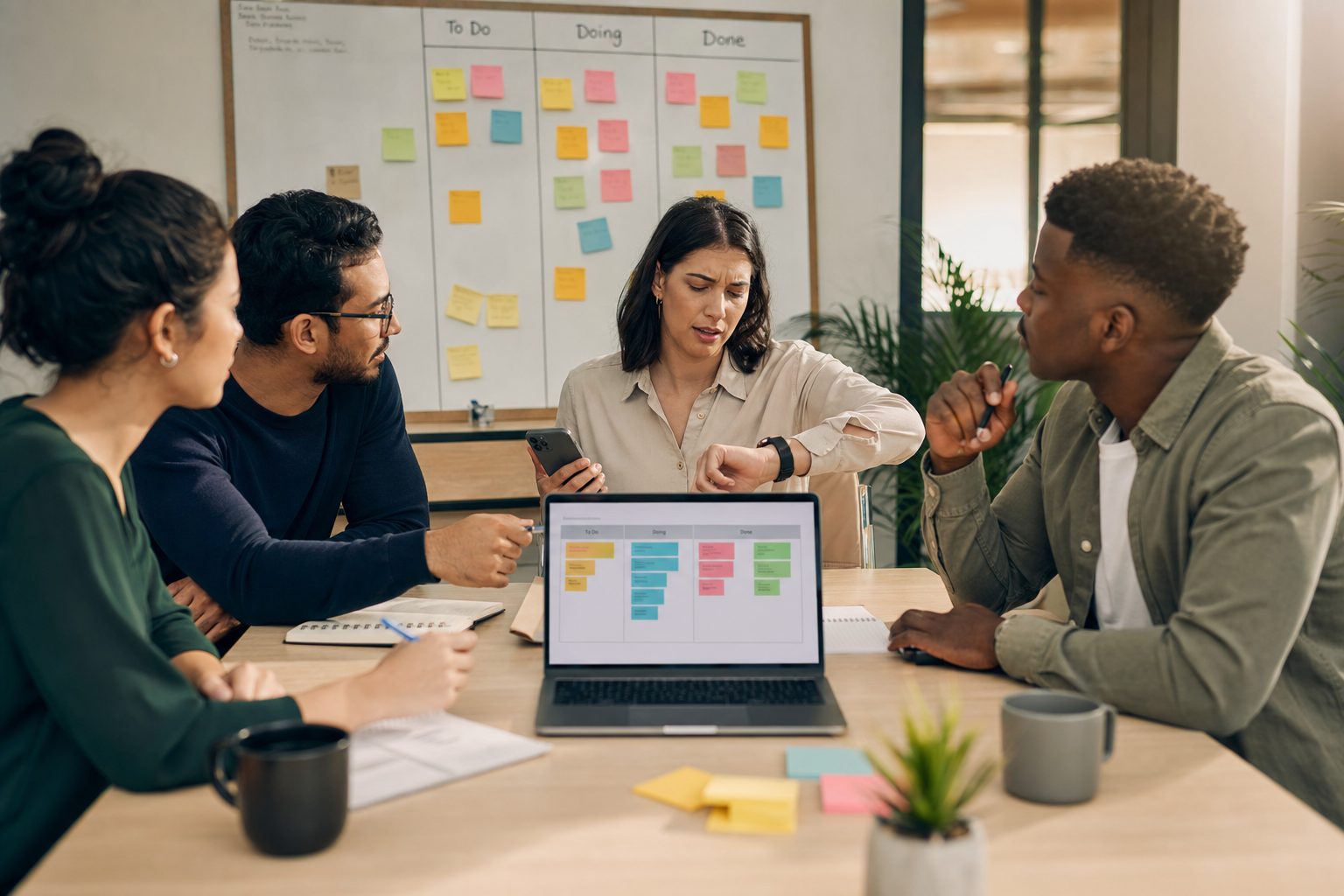 A diverse cross-functional team meeting in a modern office around a laptop showing a kanban board, with a colleague glancing at her phone, illustrating reactive scramble for training when skills gaps surface only after a project slips