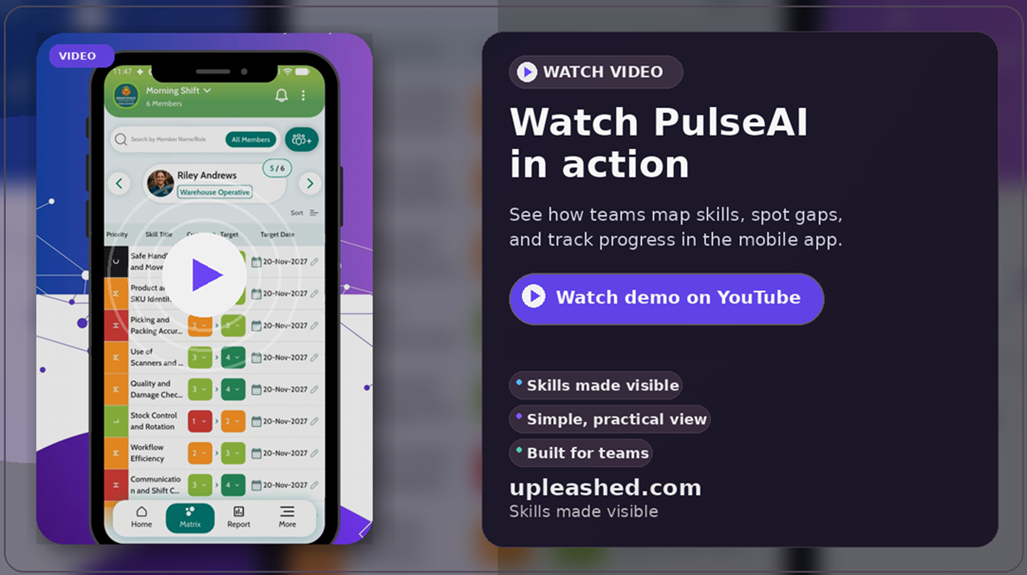 PulseAI mobile app showing the team member view with priority skills, target dates and quick rating actions.